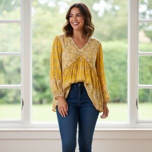 Rose & Olive Mustard Floral V-Neck Blouse